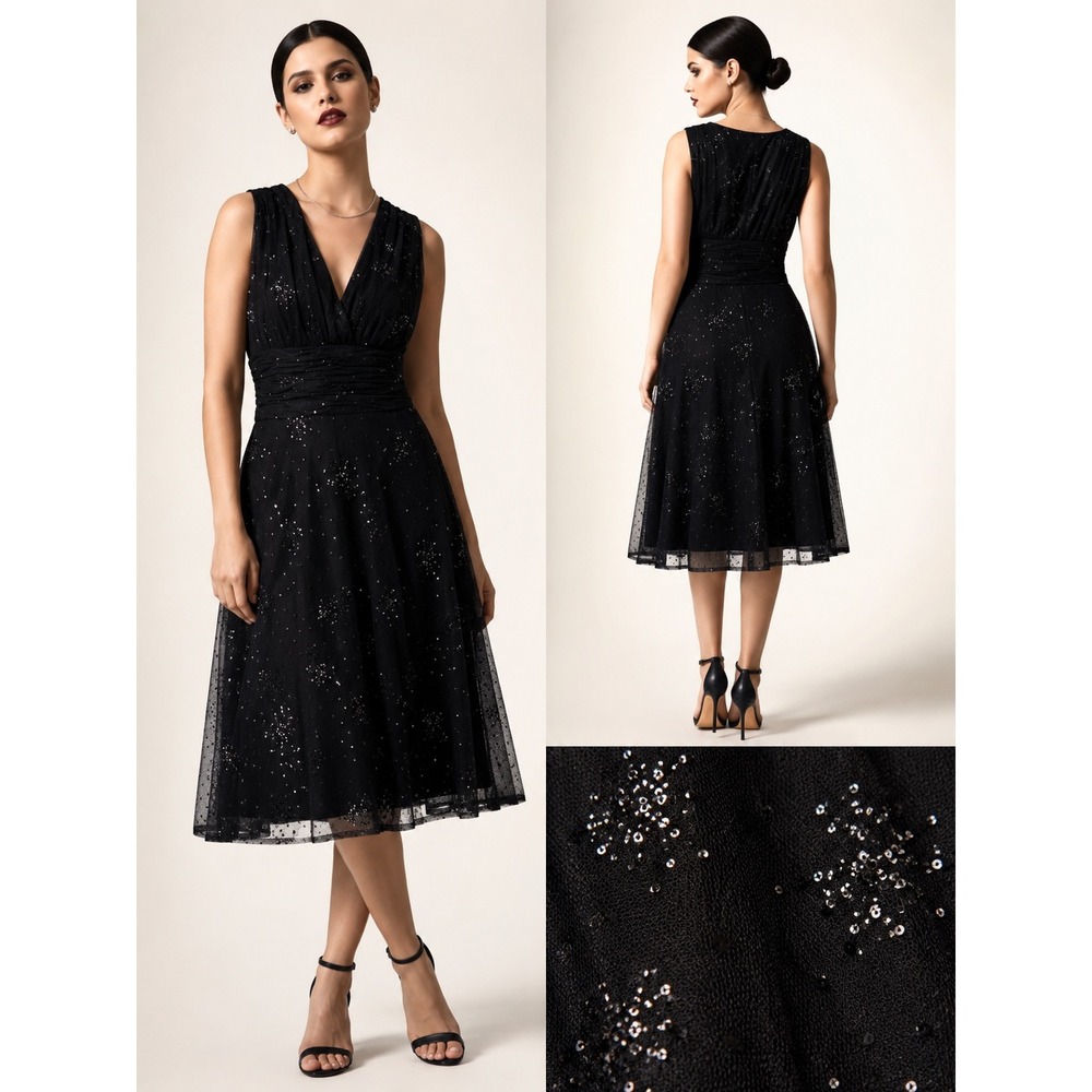 Evan-Picone Cocktail Dress Women‎ 10P Black NWOT Sequin Mesh Fit Flare V-Neck